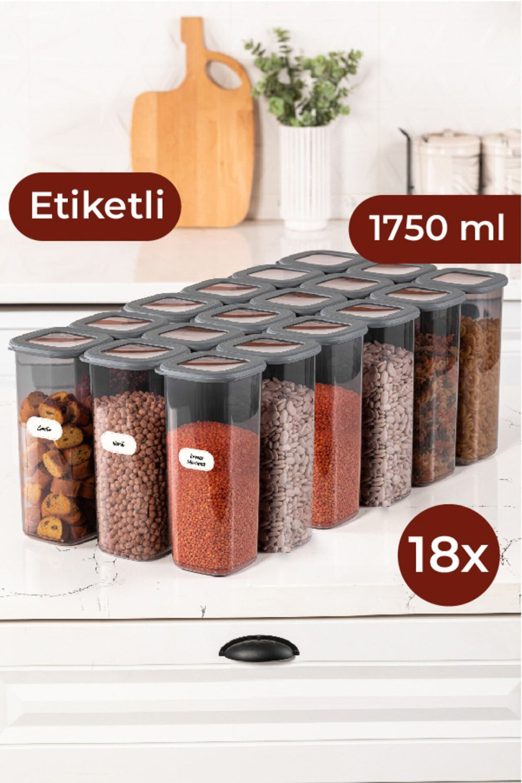 Etiketli Foly Kare Erzak Saklama Kabı Seti 18li 1,75 Büyük Boy Antrasit
