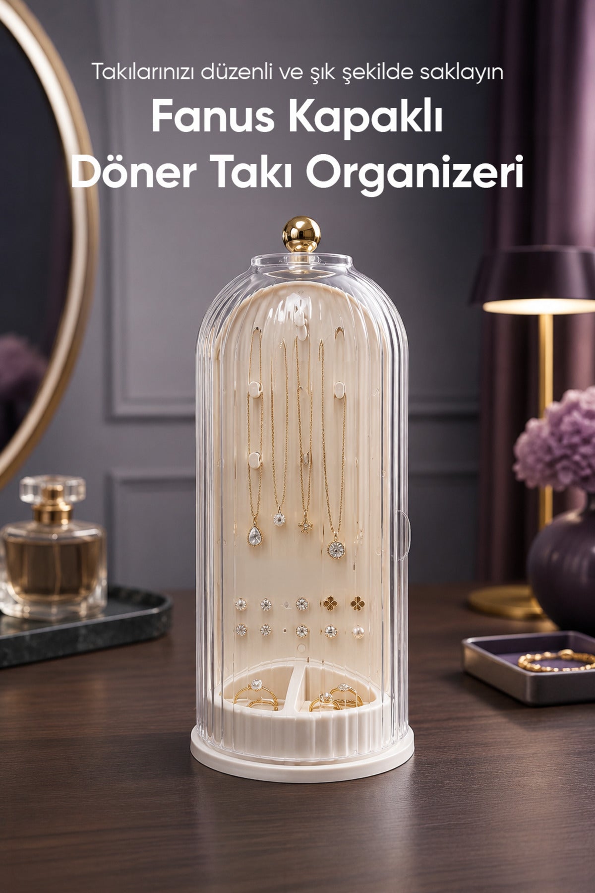Fanus Kapaklı Döner Takı Organizeri Çift Taraflı Şeffaf Küpe Kolye Yüzük Takı Düzenleyici Masaüstü Stand