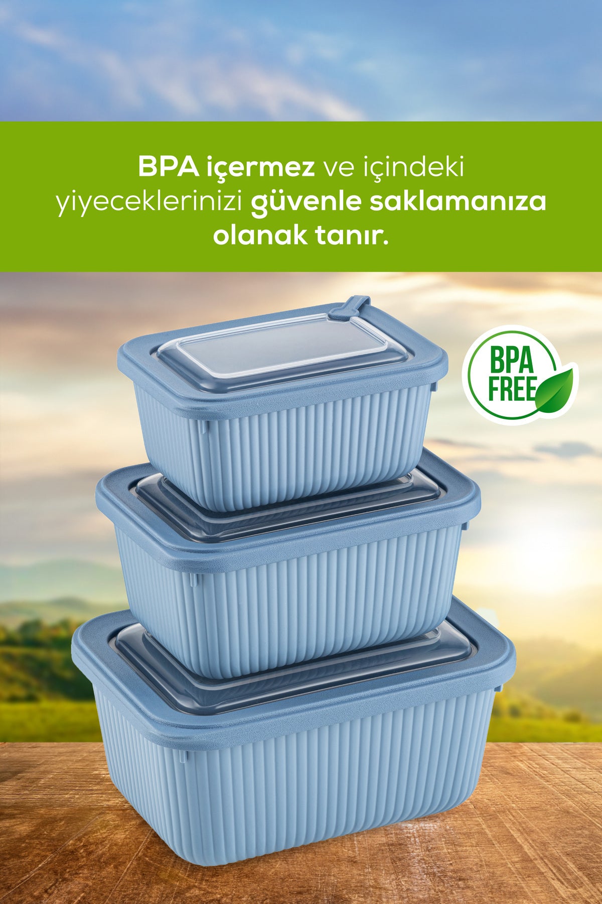 9'lu Vip Dikdörtgen Mikrodalga Ve Difrize Uygun Saklama Kabı Seti Mavi 3x(1750,1050,600 ml)