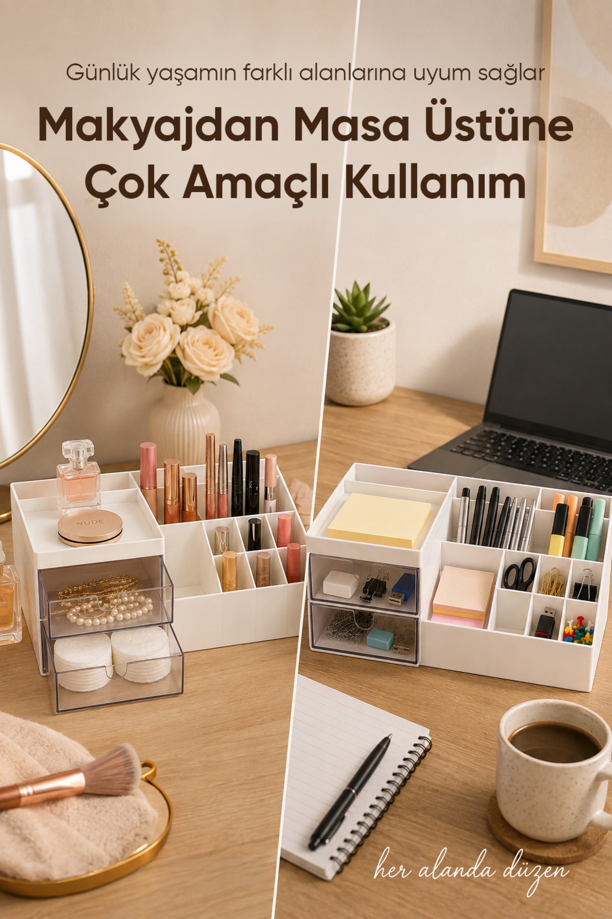 Çift Çekmeceli 11 Bölmeli Organizer Makyaj Kozmetik Masaüstü Düzenleyici Çok Amaçlı Saklama Kutusu