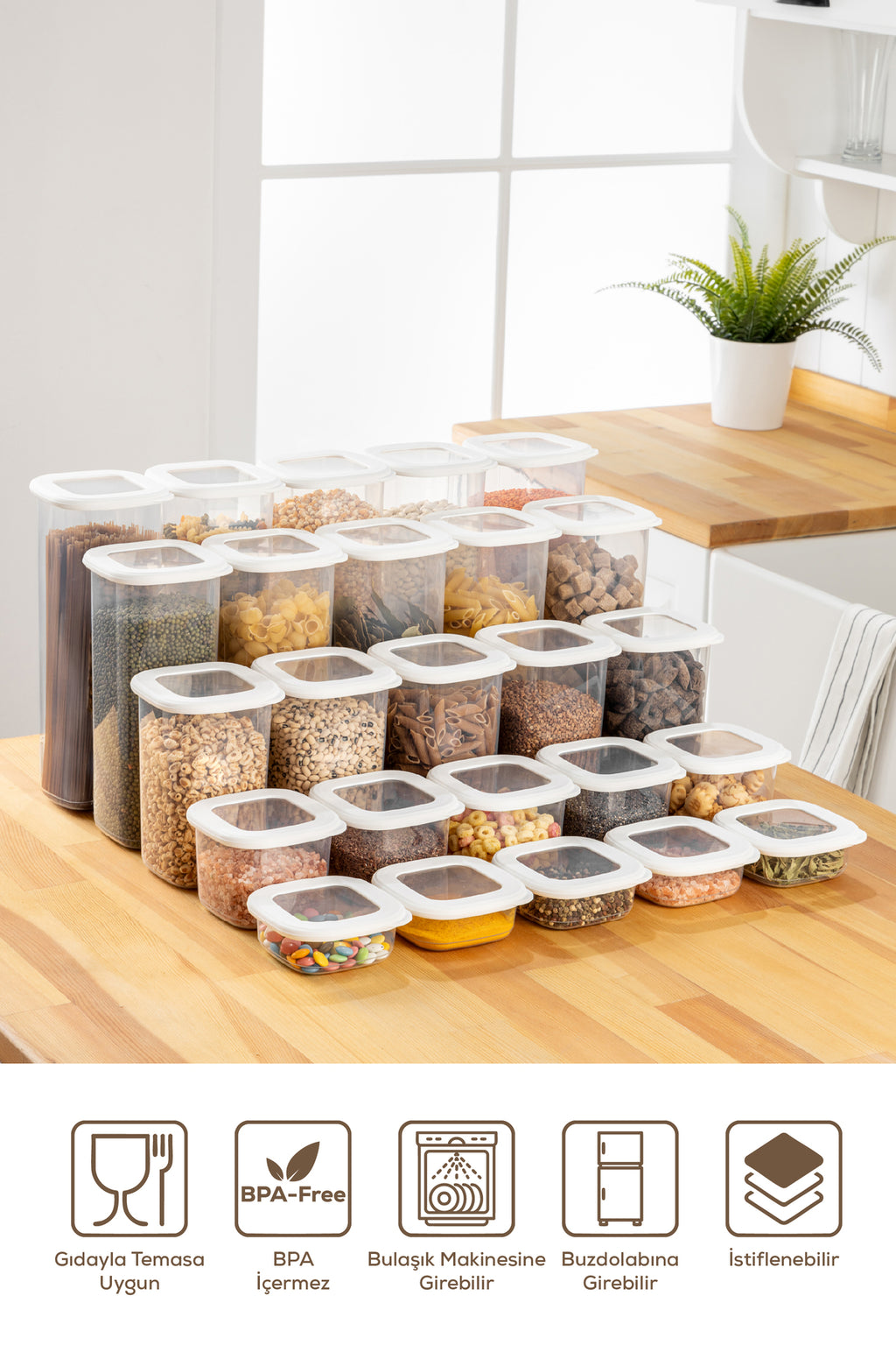 Etiketli 20'li Silikon Kapak Bakliyat ve Baharat Saklama Kabı Beyaz