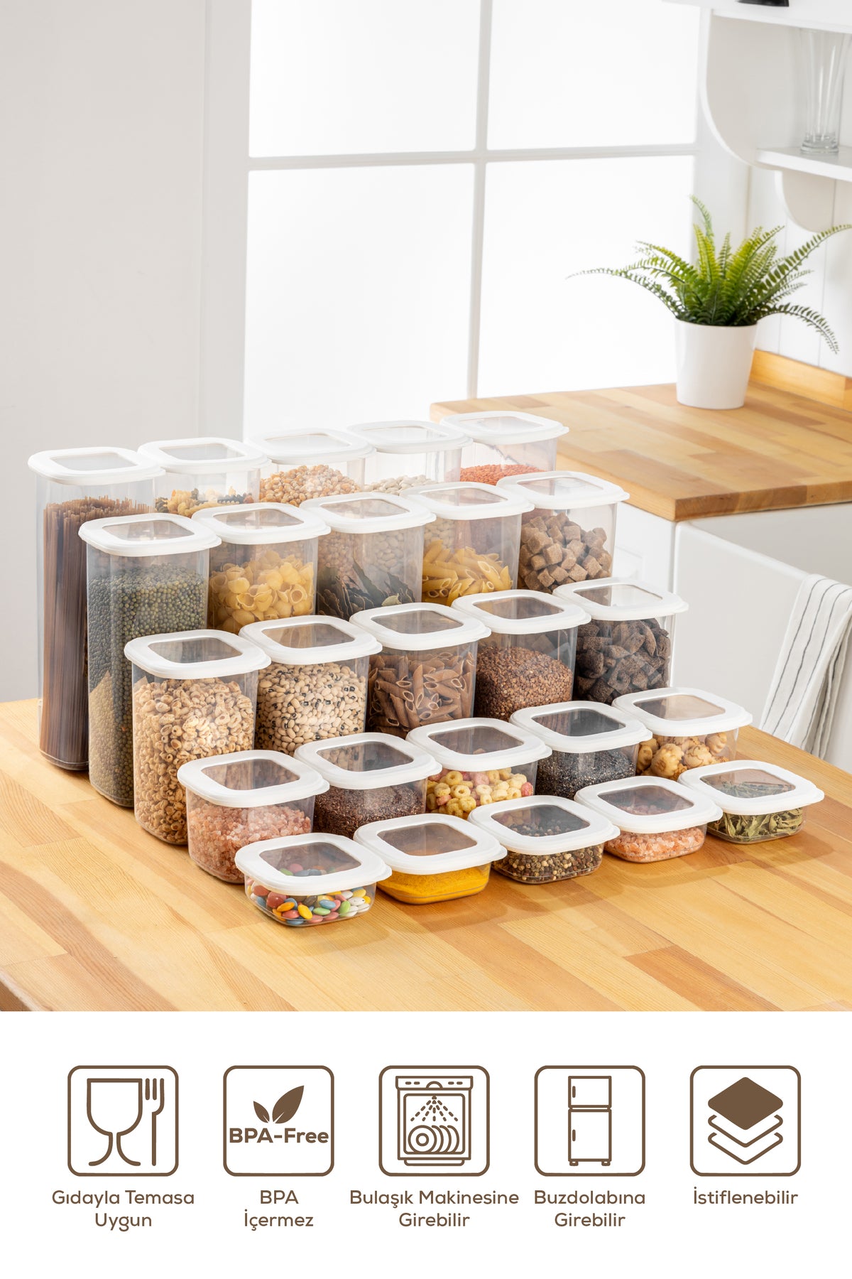 Silikon Kapak 8'li Set 2 Lt Bakliyat Saklama Kabı Etiketli Beyaz