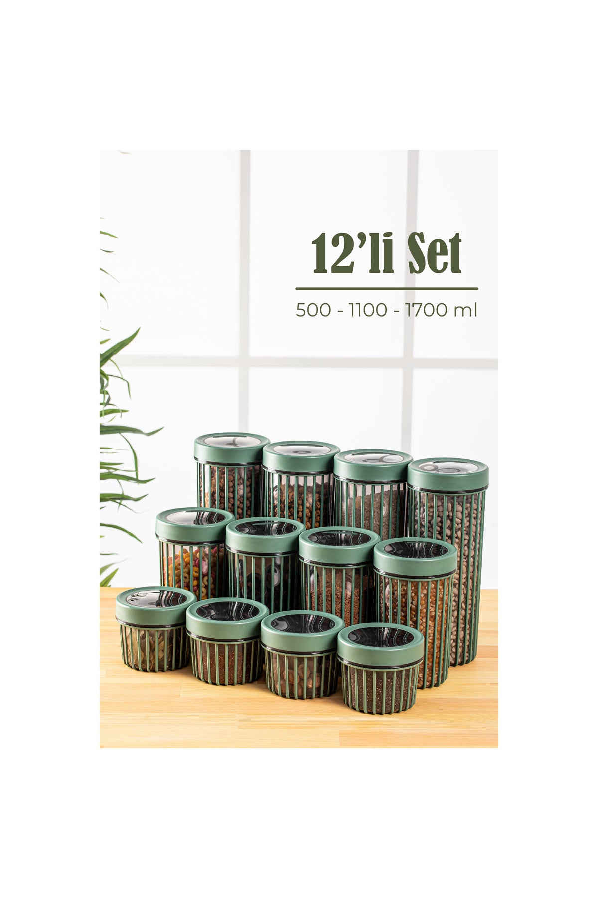 12li Linea Çevir Aç Kapak Kavanoz Saklama Kabı Seti 4x(500 -1100-1700 ml) Yeşil