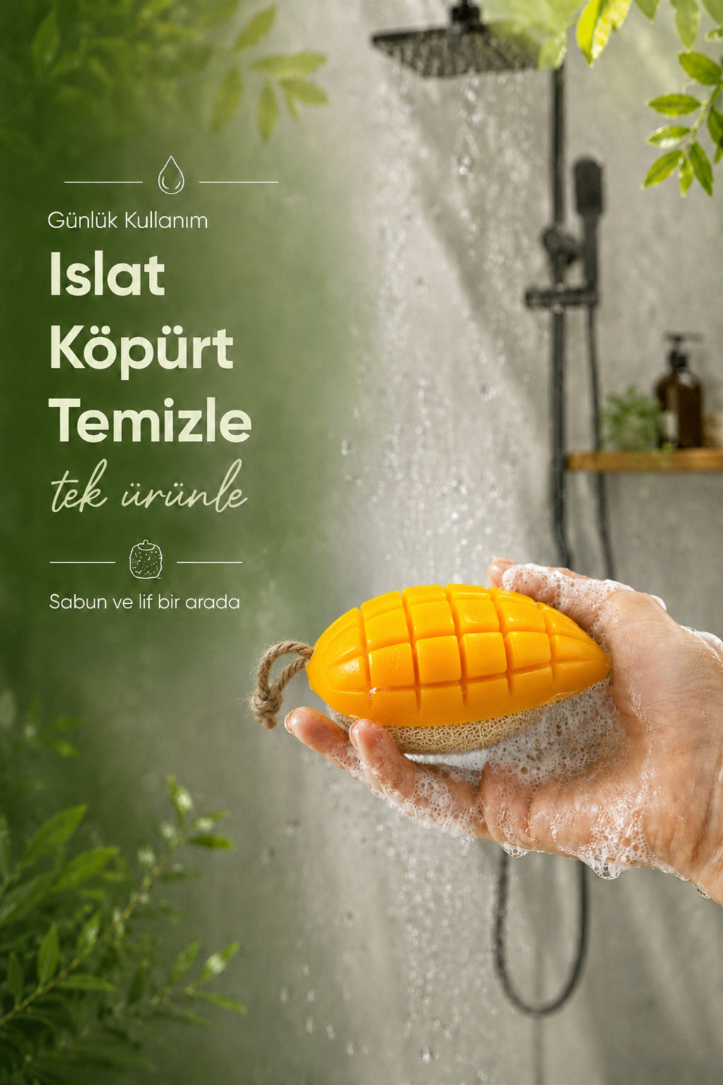 Mango Şekilli Lifli Katı Sabun 11,5x7x4,2 cm Peeling Etkili Asılabilir Dekoratif Banyo El Sabunu