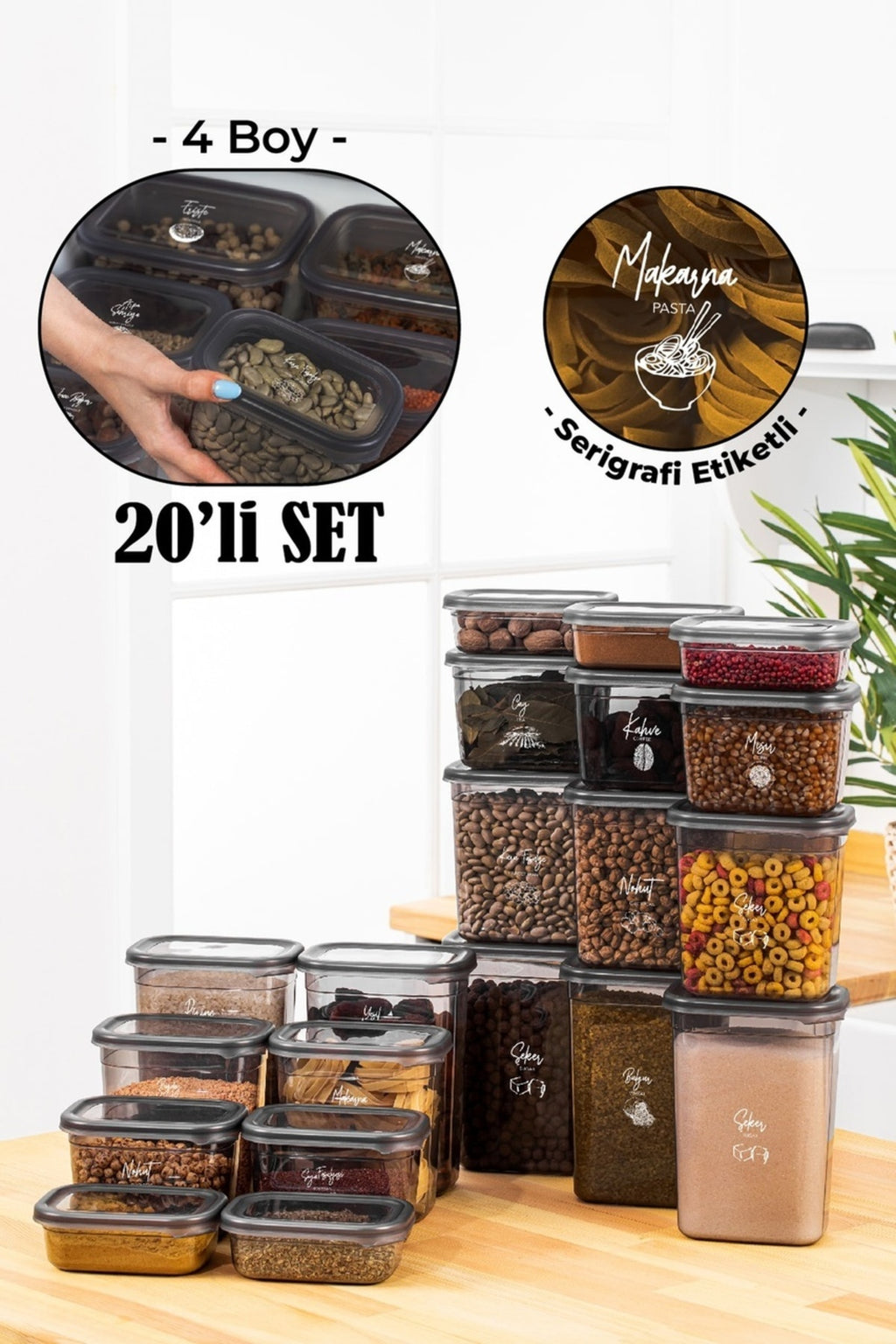 Beyaz Serigrafi Etiketli 20li Peggy Dikdörtgen Saklama Kabı Seti 5x(1500-1150-800-400 Ml) Antrasit