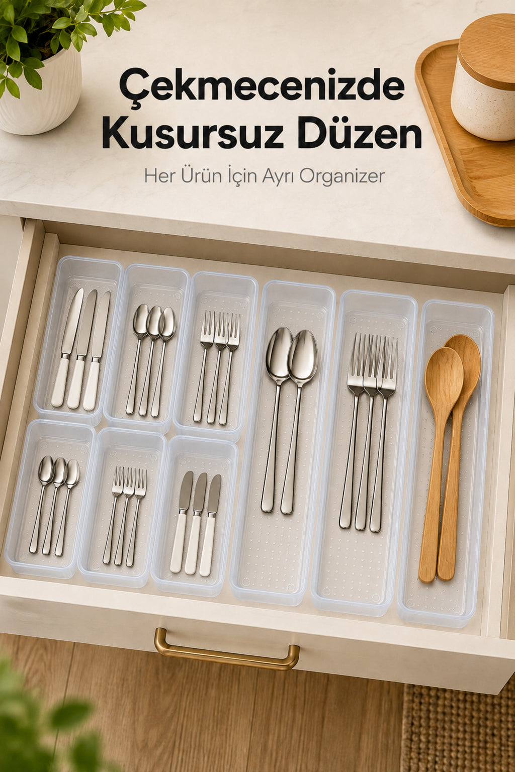 9'lu Modüler Şeffaf Kaşıklık Seti Çekmece İçi Mutfak Çatal Kaşık Bıçak Düzenleyici Organizer (3F6C)