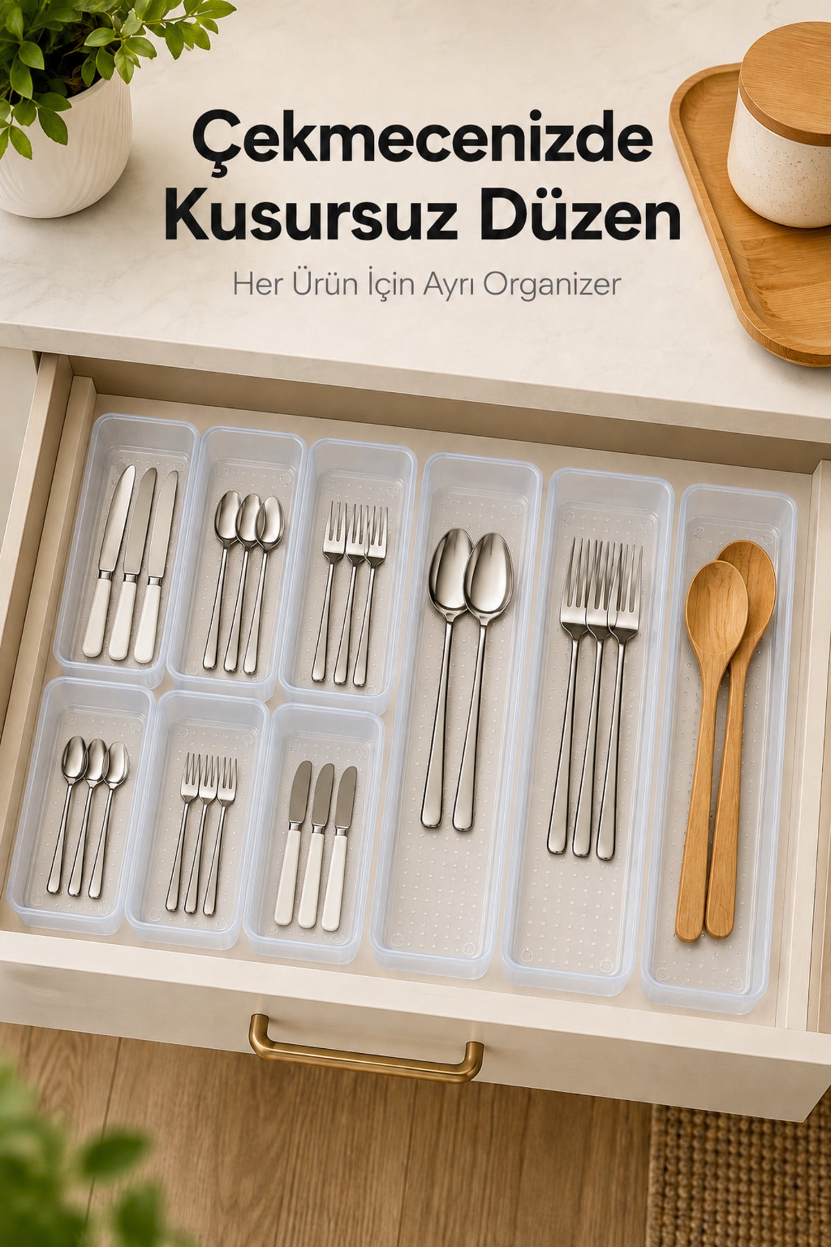 9'lu Modüler Şeffaf Kaşıklık Seti Çekmece İçi Mutfak Çatal Kaşık Bıçak Düzenleyici Organizer (3F6C)