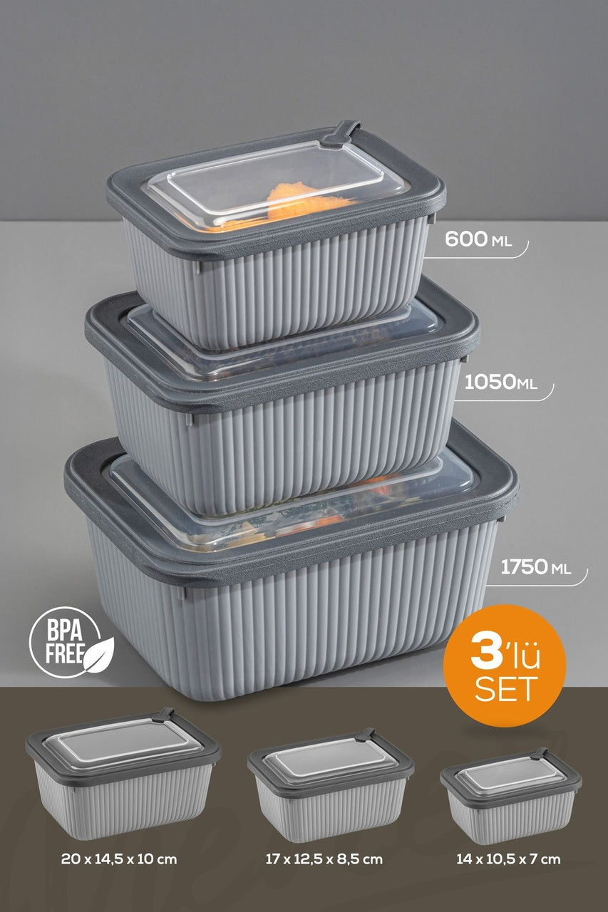 3'lü Vip Dikdörtgen Mikrodalga Ve Difrize Uygun Saklama Kabı Seti Gri 1x(1750,1050,600 ML)