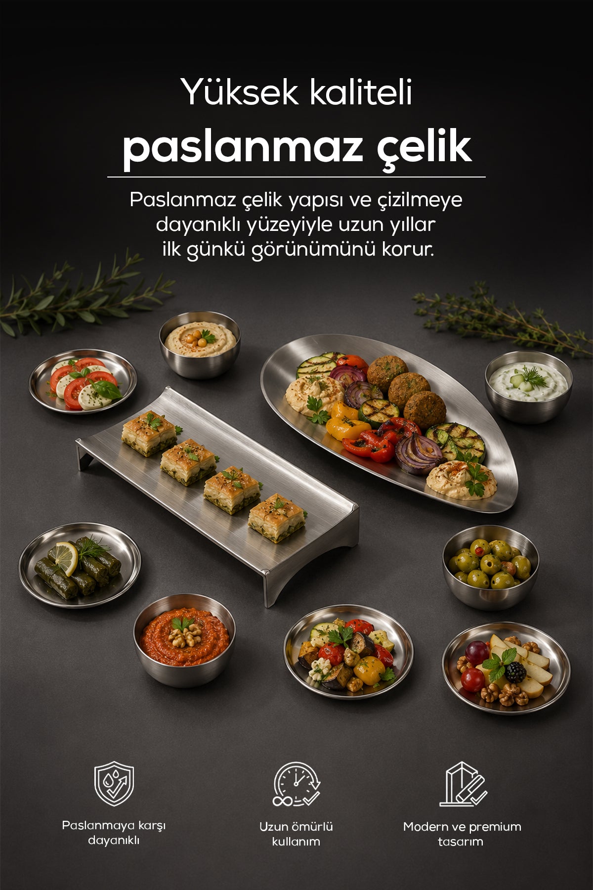 10 Parça Paslanmaz Çelik Servis ve Sunum Seti, Kahvaltılık, Çerezlik, Sunum Tabağı