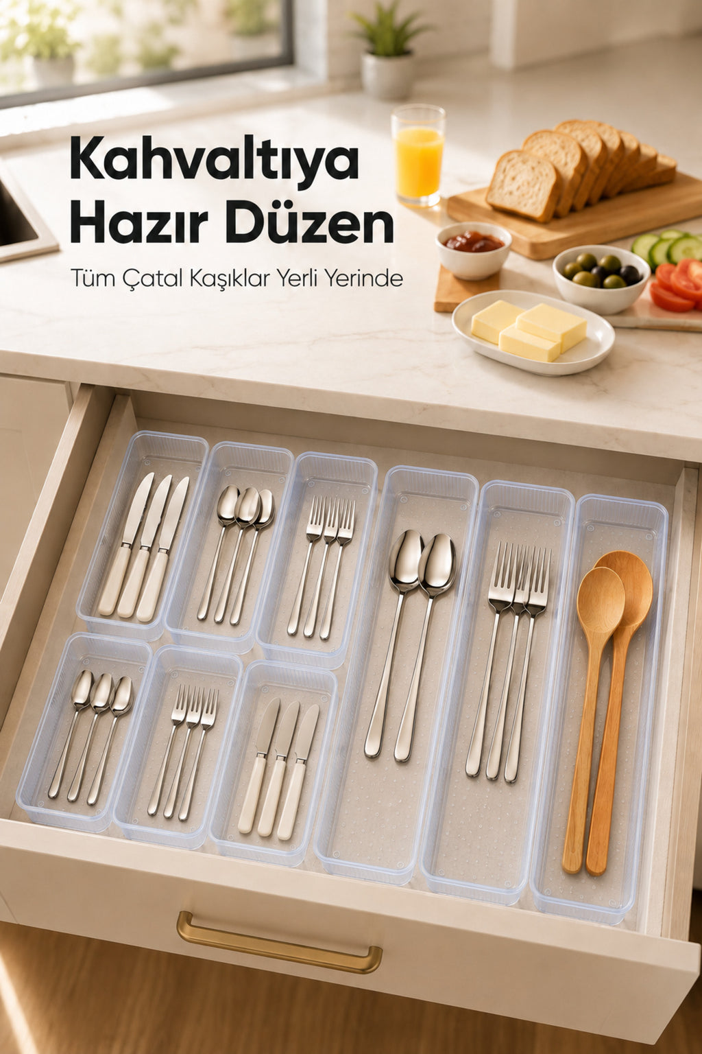 9'lu Modüler Şeffaf Kaşıklık Seti Çekmece İçi Mutfak Çatal Kaşık Bıçak Düzenleyici Organizer (3F6C)