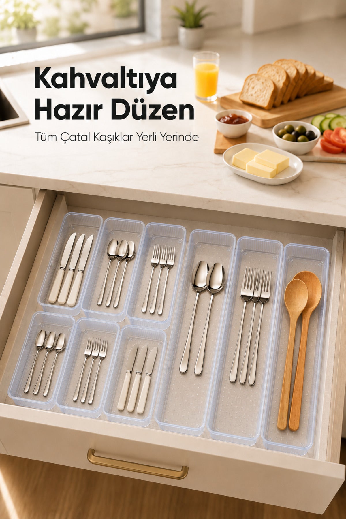 9'lu Modüler Şeffaf Kaşıklık Seti Çekmece İçi Mutfak Çatal Kaşık Bıçak Düzenleyici Organizer (3F6C)