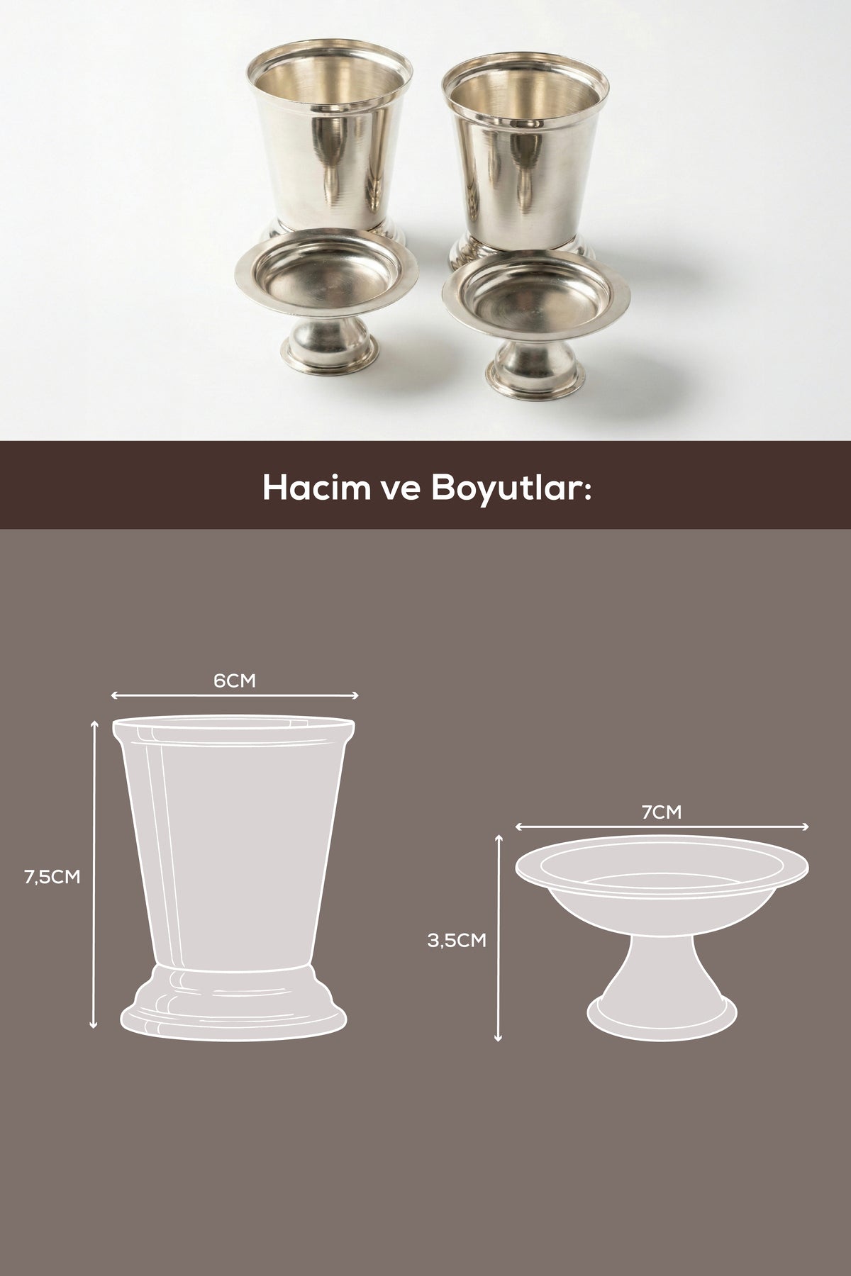 4'lü Gümüş Renk Metal Kahve Yanı Sunum Seti - 2x(Ayaklı Lokumluk, Mini Gül Kovası) - İkramlık