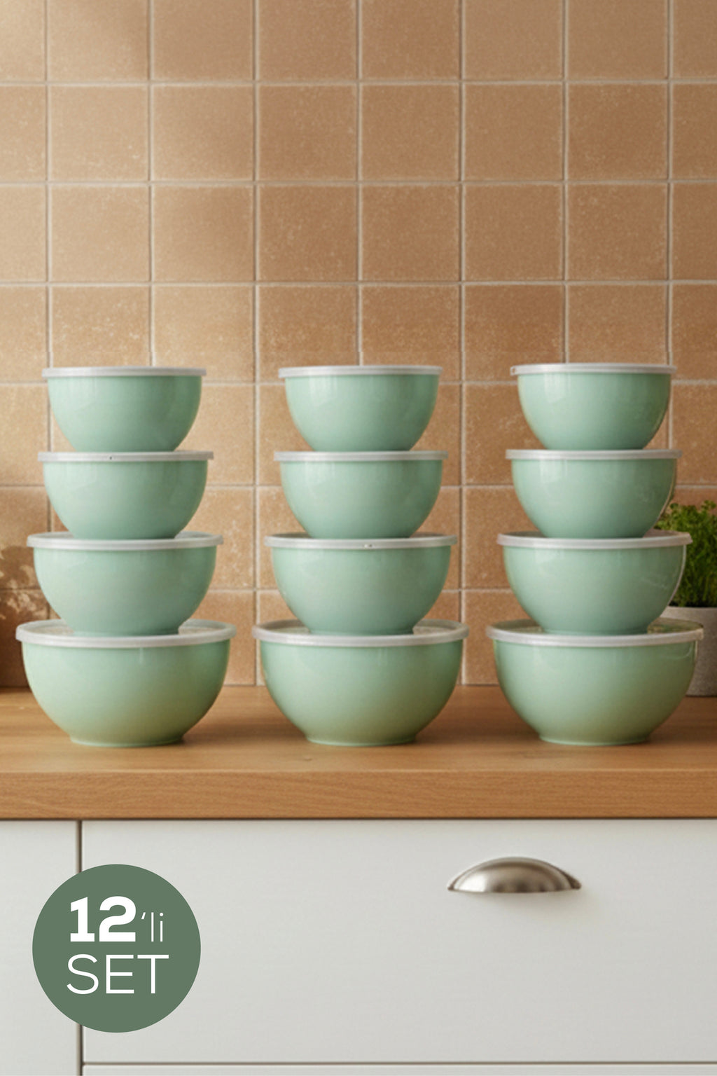 12'li Yuvarlak Kase Seti Mint Yeşili | 1l, 1.5l, 2.3l, 3.3l | Kapaklı Mutfak Saklama Kabı