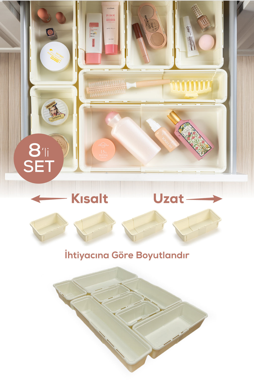 8'li Set Ayarlanabilir Çekmece Içi Düzenleyici Kutu – Uzayıp Kısalabilen Organizer Seti (4A2B1C1D)