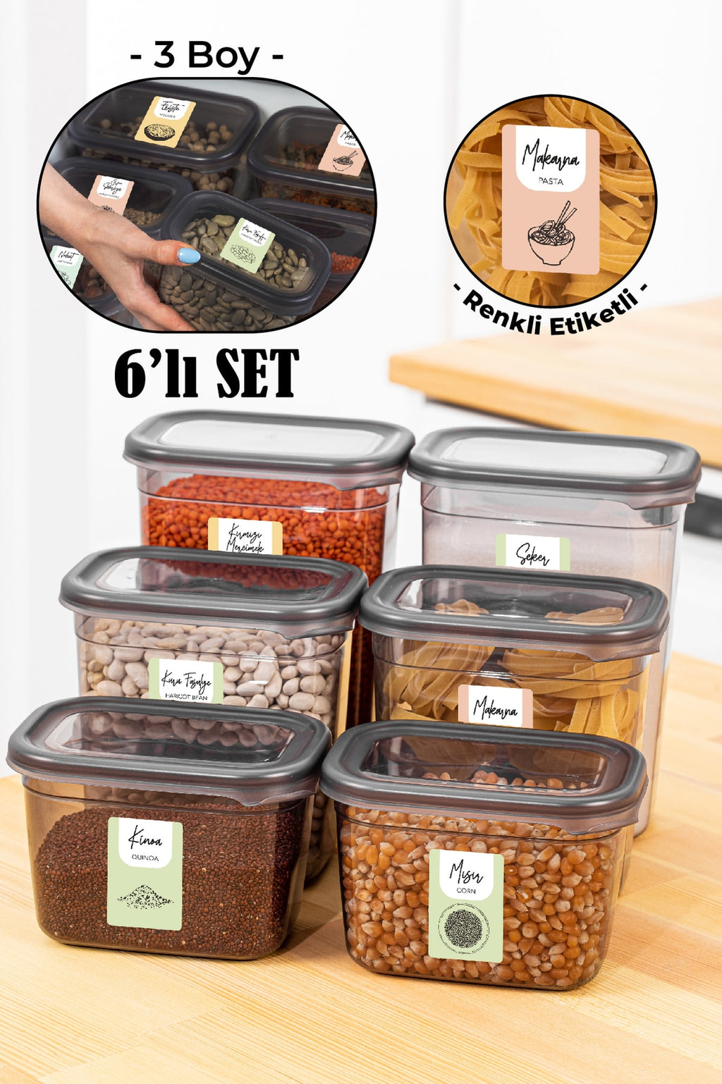 Renkli Etiketli 6lı Peggy Dikdörtgen Saklama Kabı Seti 2x(1500-1150-800 Ml) Antrasit
