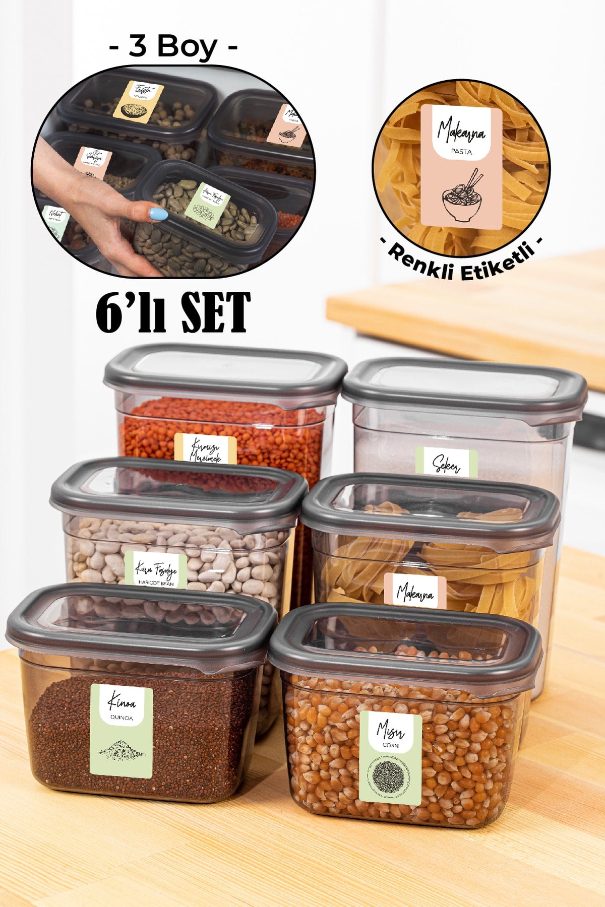 Renkli Etiketli 6lı Peggy Dikdörtgen Saklama Kabı Seti 2x(1500-1150-800 Ml) Antrasit