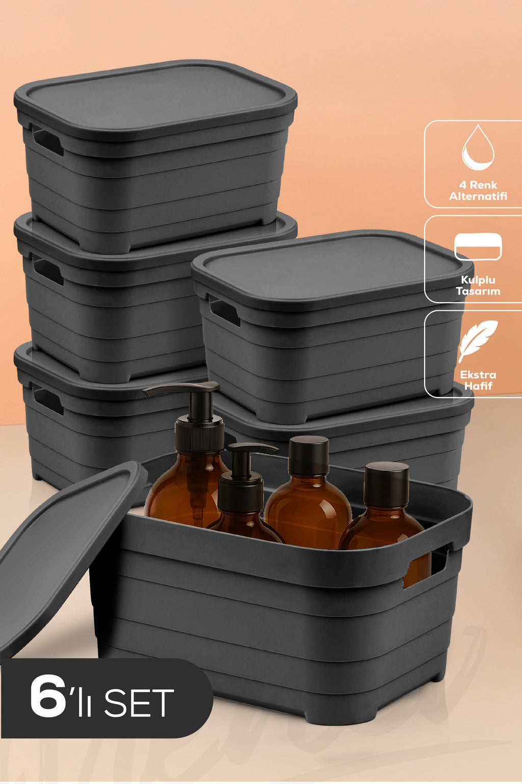6'lı Kapaklı 3,8 Litre Saklama Kutusu Antrasit