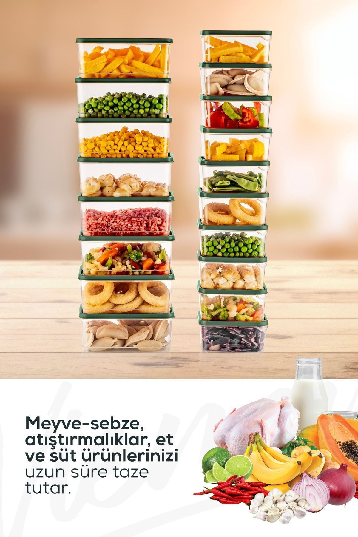 18'li Buzdolabı Düzenleyici Organizer Mikrodalgaya Uygun Difriz Saklama Kabı Yeşil