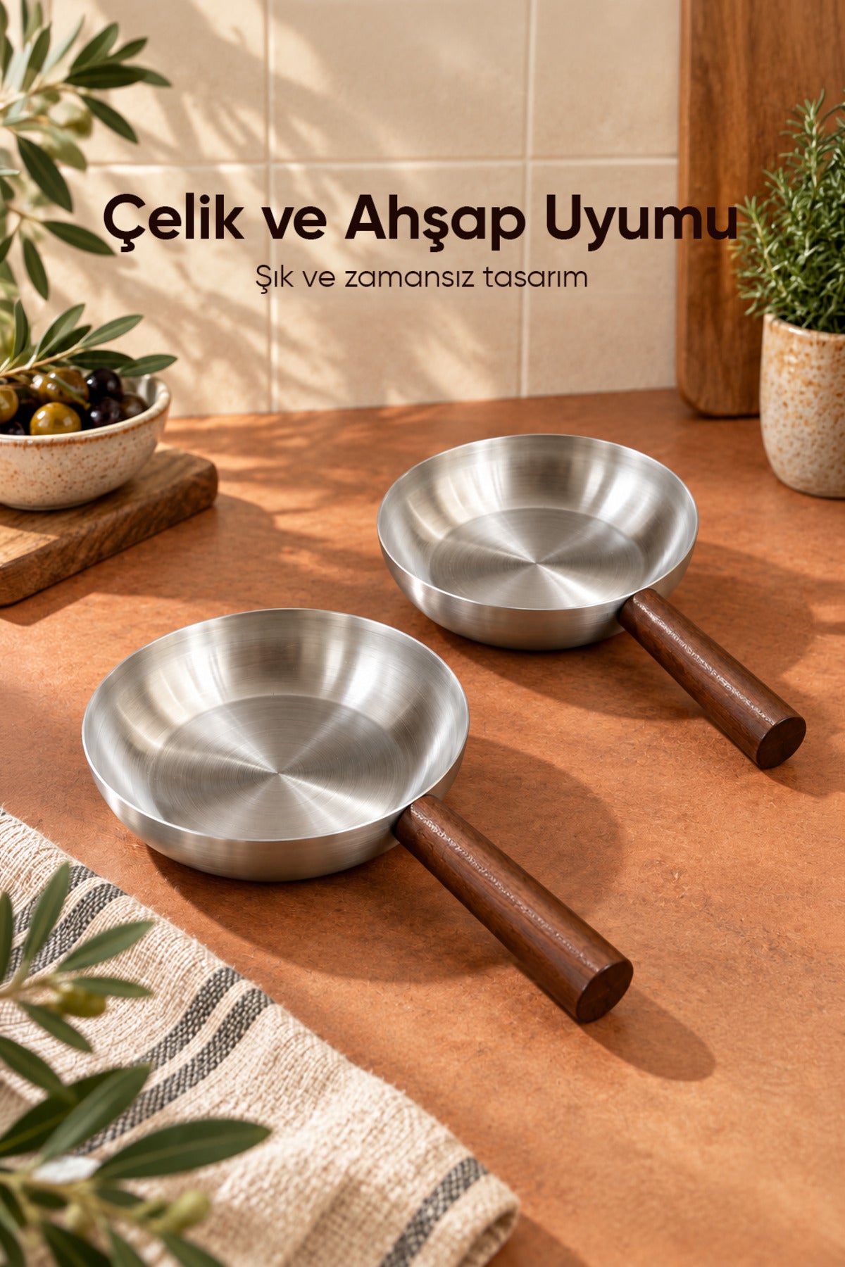 2'li Ahşap Saplı Metal Sunum Tabağı | Mini Sosluk Çerezlik İkramlık Servis Tabağı Sunumluk Seti