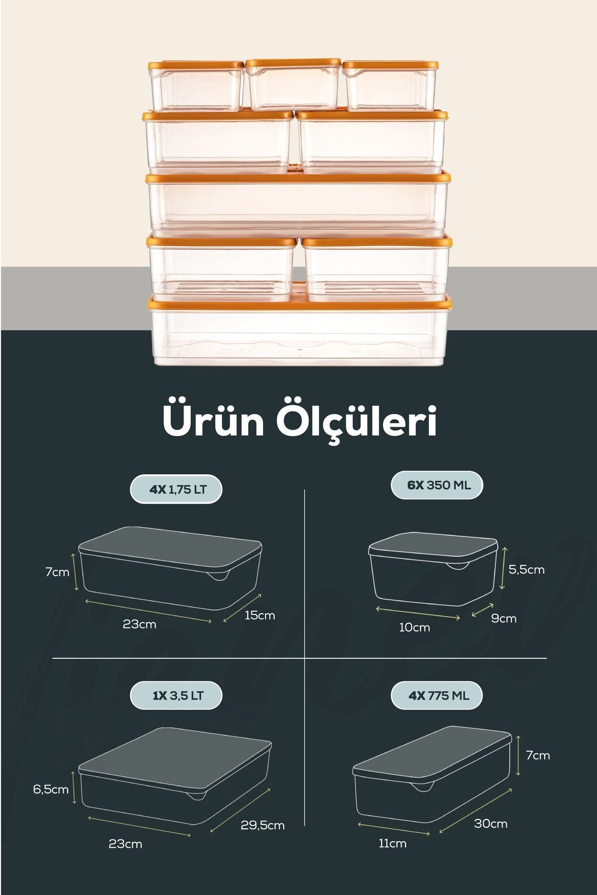 15'li Buzdolabı Düzenleyici Organizer Mikrodalgaya Uygun Difriz Saklama Kabı Turuncu