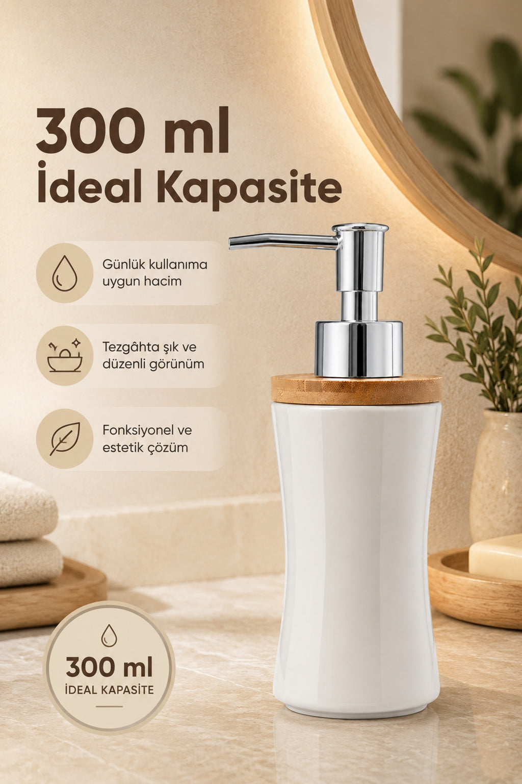 Bambu Kapaklı Porselen Sıvı Sabunluk 300 ml Bej