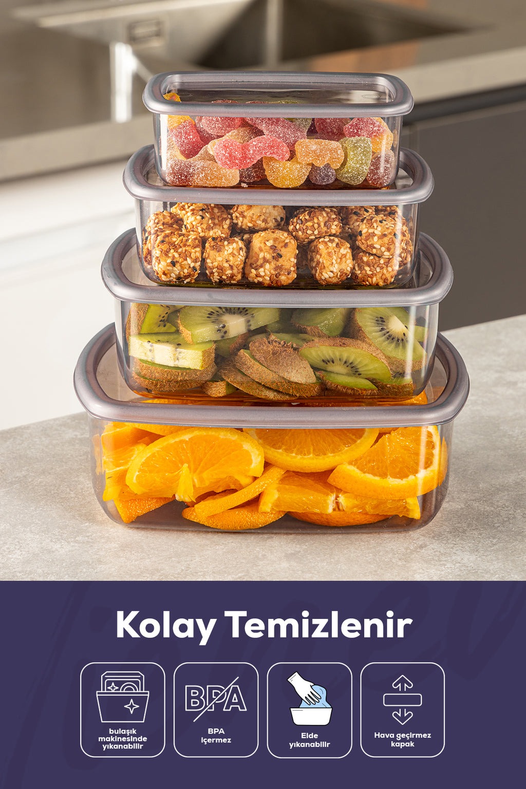 4'lü Hava Geçirmez Saklama Kabı Seti Antrasit 1x(250-500-750-1200 ML)