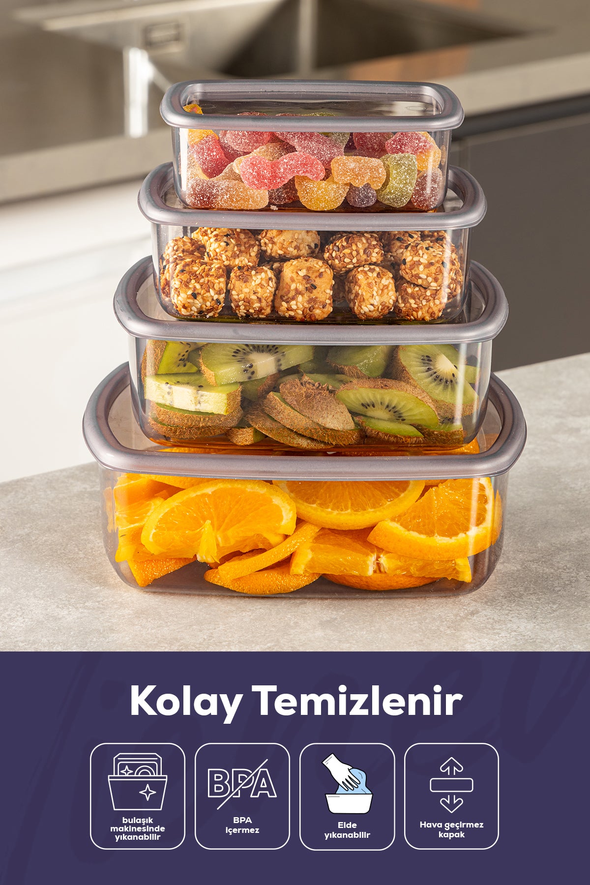 4'lü Hava Geçirmez Saklama Kabı Seti Antrasit 1x(250-500-750-1200 ML)