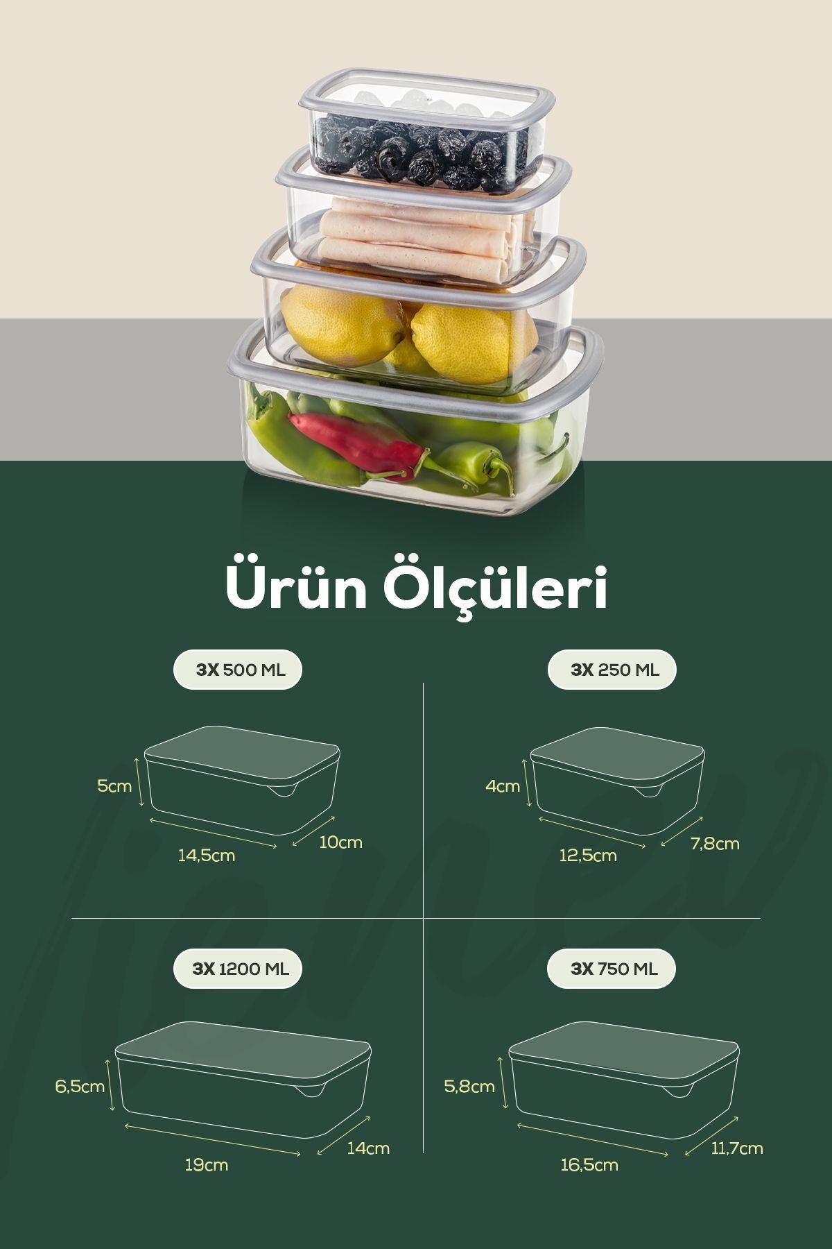 12'li Hava Geçirmez Saklama Kabı Seti Antrasit 3x(250-500-750-1200 ML)