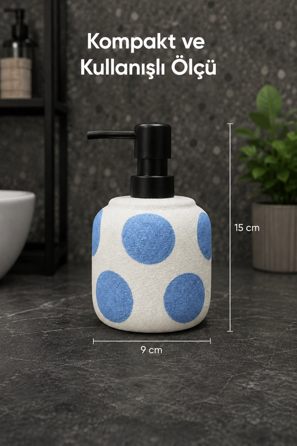 Mavi Puantiyeli Seramik Sıvı Sabunluk 380 ml Beyaz Lüks Banyo Mutfak Sıvı Sabunluk
