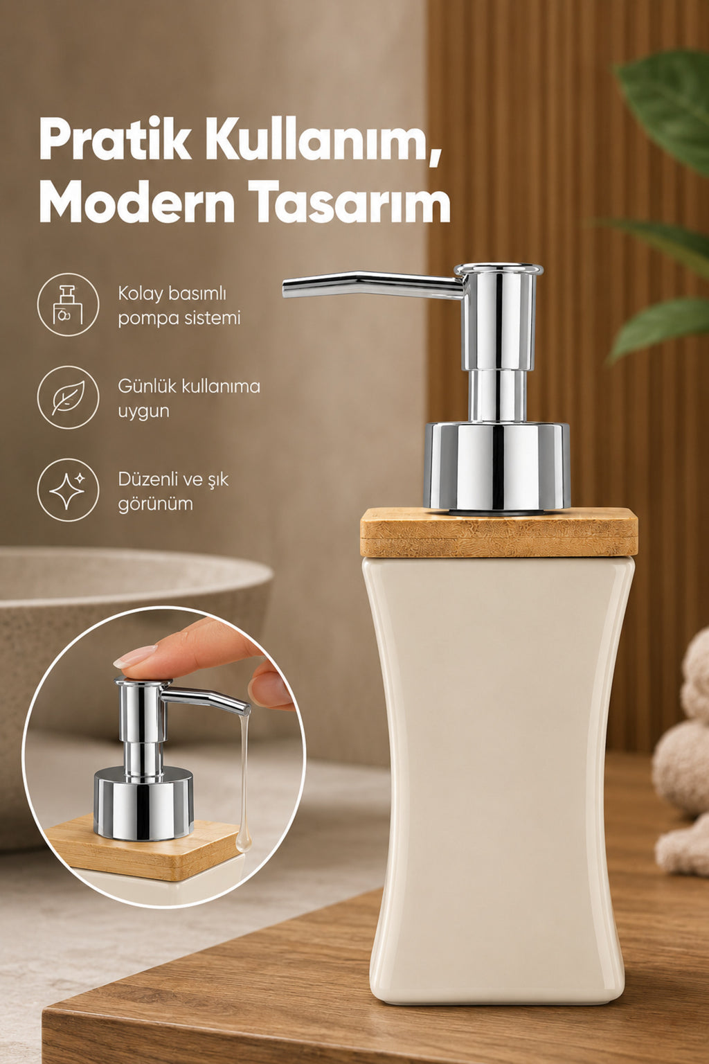 Bambu Kapaklı Porselen Sıvı Sabunluk Kavisli Model 280 ml Bej
