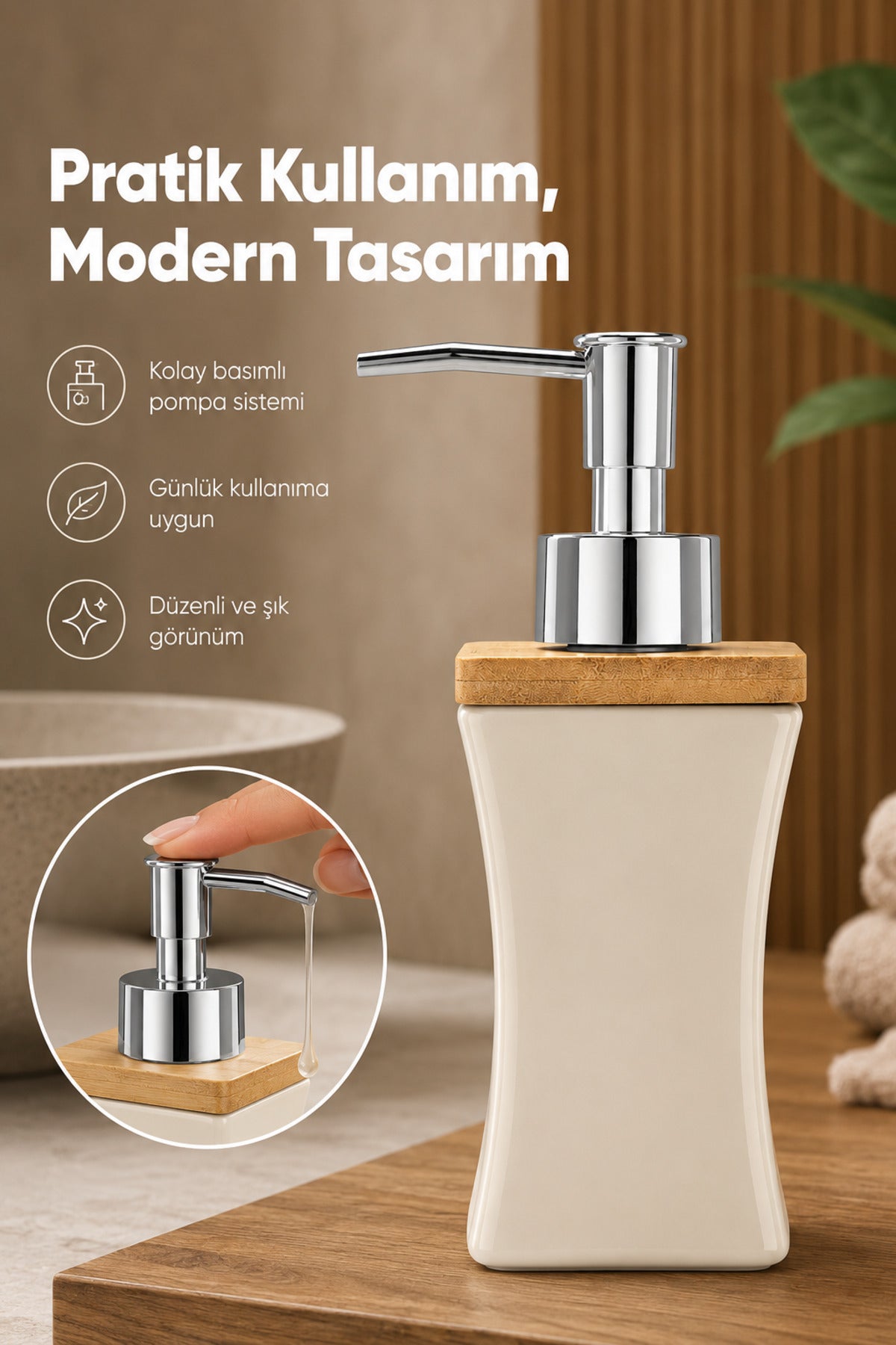 Bambu Kapaklı Porselen Sıvı Sabunluk Kavisli Model 280 ml Bej