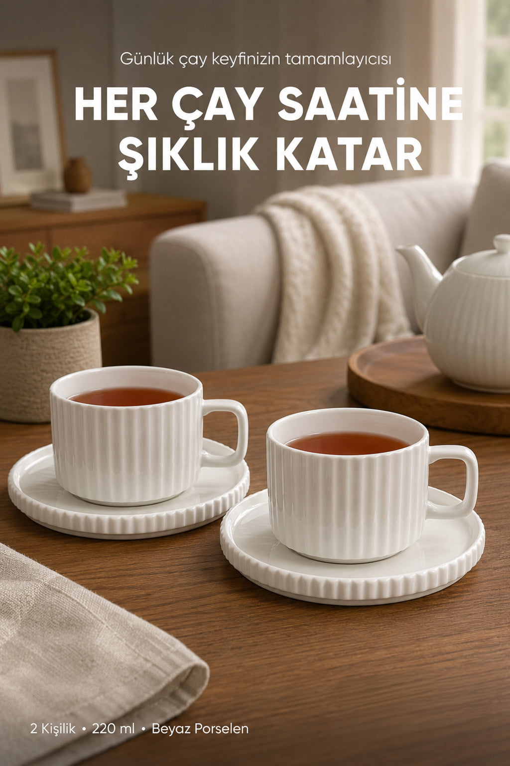 2 Kişilik Çizgili Beyaz Porselen Çay Fincanı Seti 220 ml Tabaklı Şık Çay Fincan Takımı