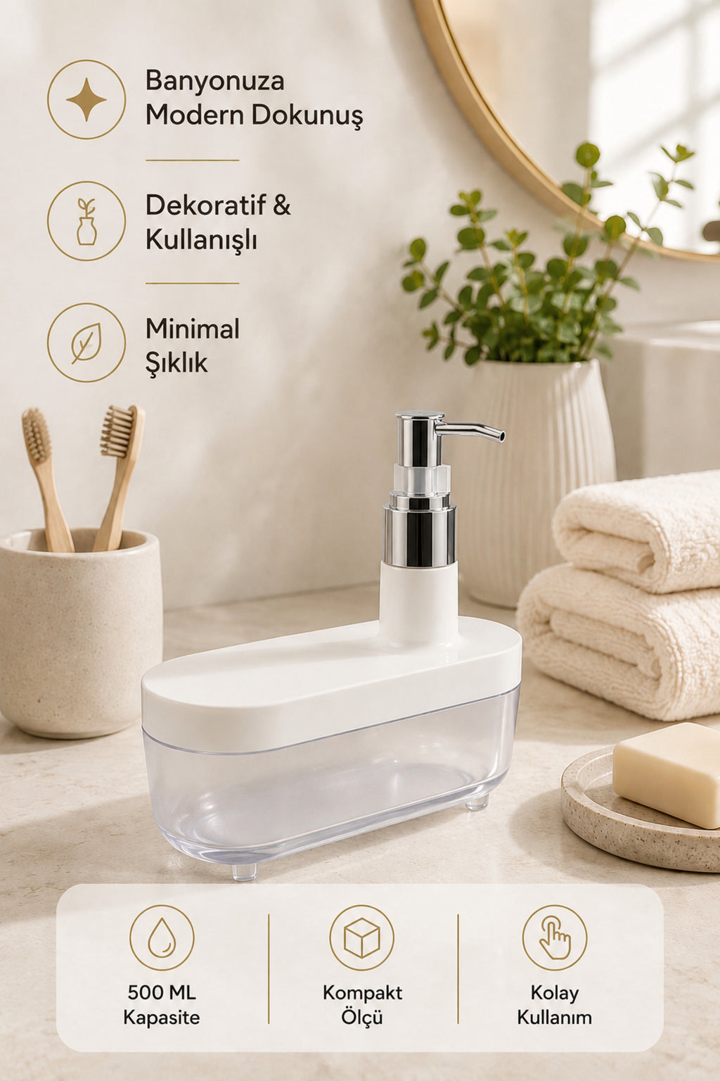 Modern Beyaz Sıvı Sabunluk 500 ml | Şık Banyo ve Mutfak Dispenseri - Yayvan Tasarım