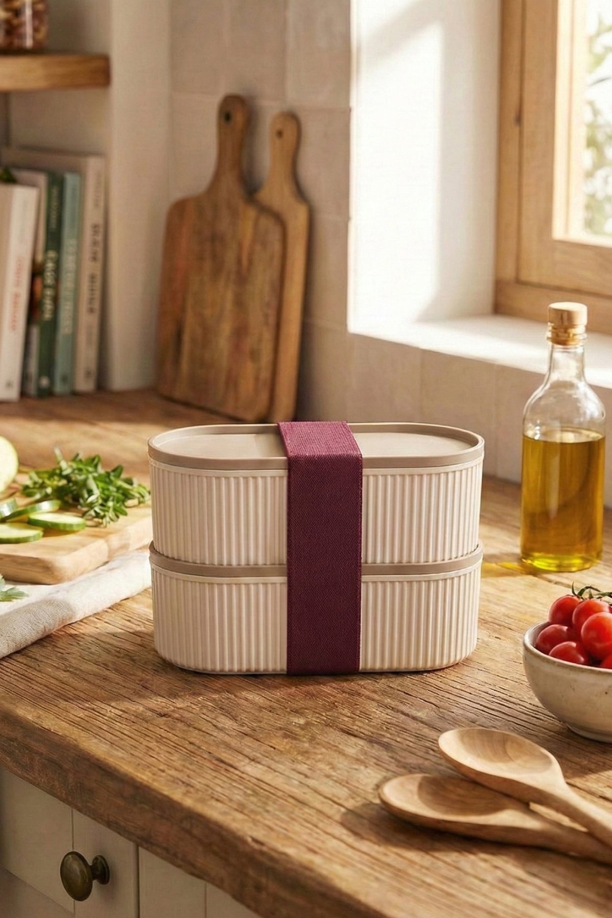 2'li Elastik Bantlı İstiflenebilir Pratik Saklama Kabı Seti 2x(1100 ml) Bej