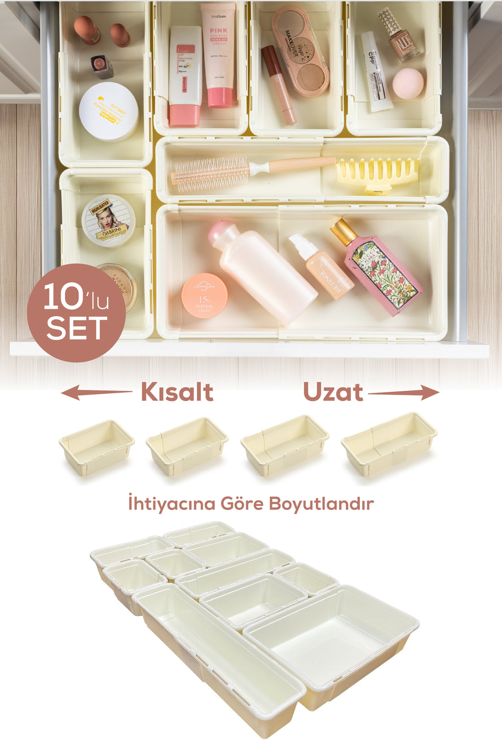10'lu Set Ayarlanabilir Çekmece Içi Düzenleyici Kutu – Uzayıp Kısalabilen Organizer Seti (5A2B2C1D)