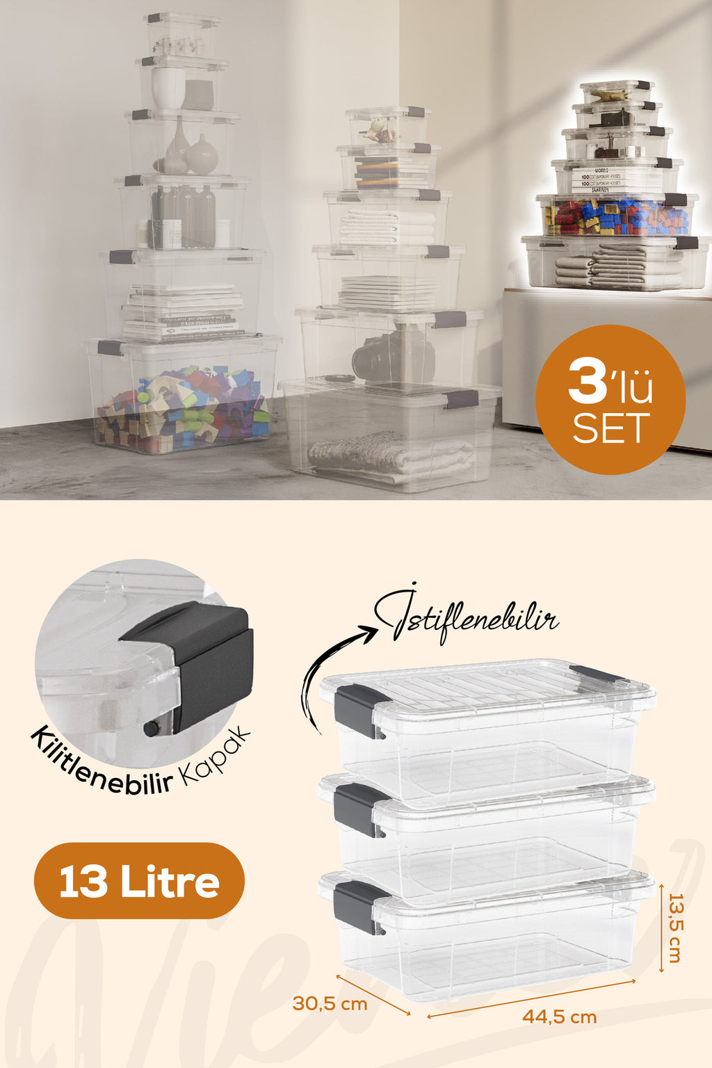 3'lü 13 Litre Kilitli Kapaklı Saklama ve Erzak Kutusu 33105