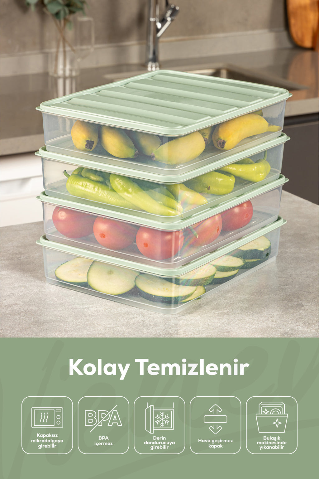 6'lı 3,5 Litre Buzdolabı Dondurucu Organizer Mikrodalga Ve Difrize Uygun Saklama Kabı Mint