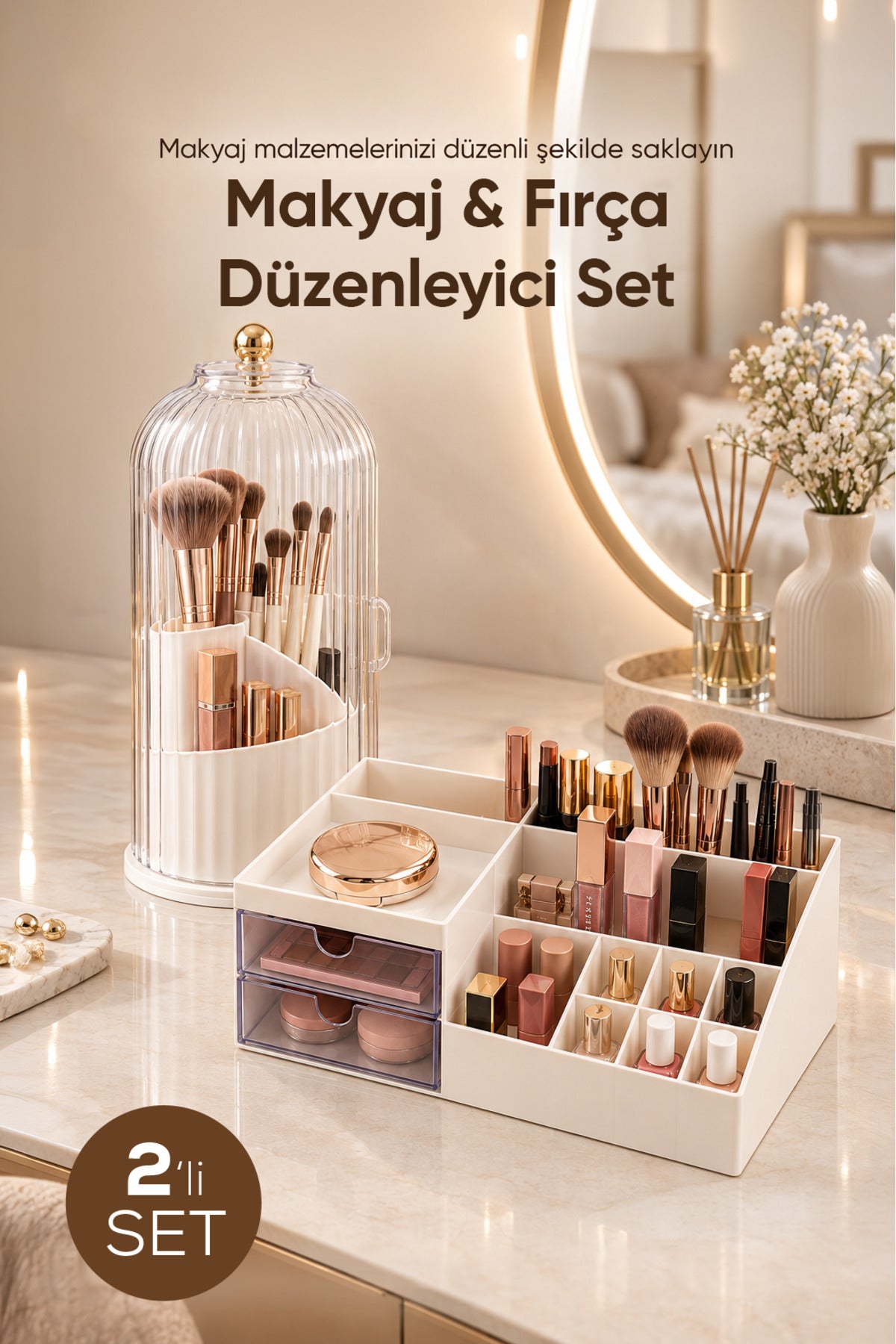 2'li Makyaj Düzenleyici Seti Fanus Kapaklı Fırçalık ve 11 Bölmeli Çekmeceli Kozmetik Organizer Seti