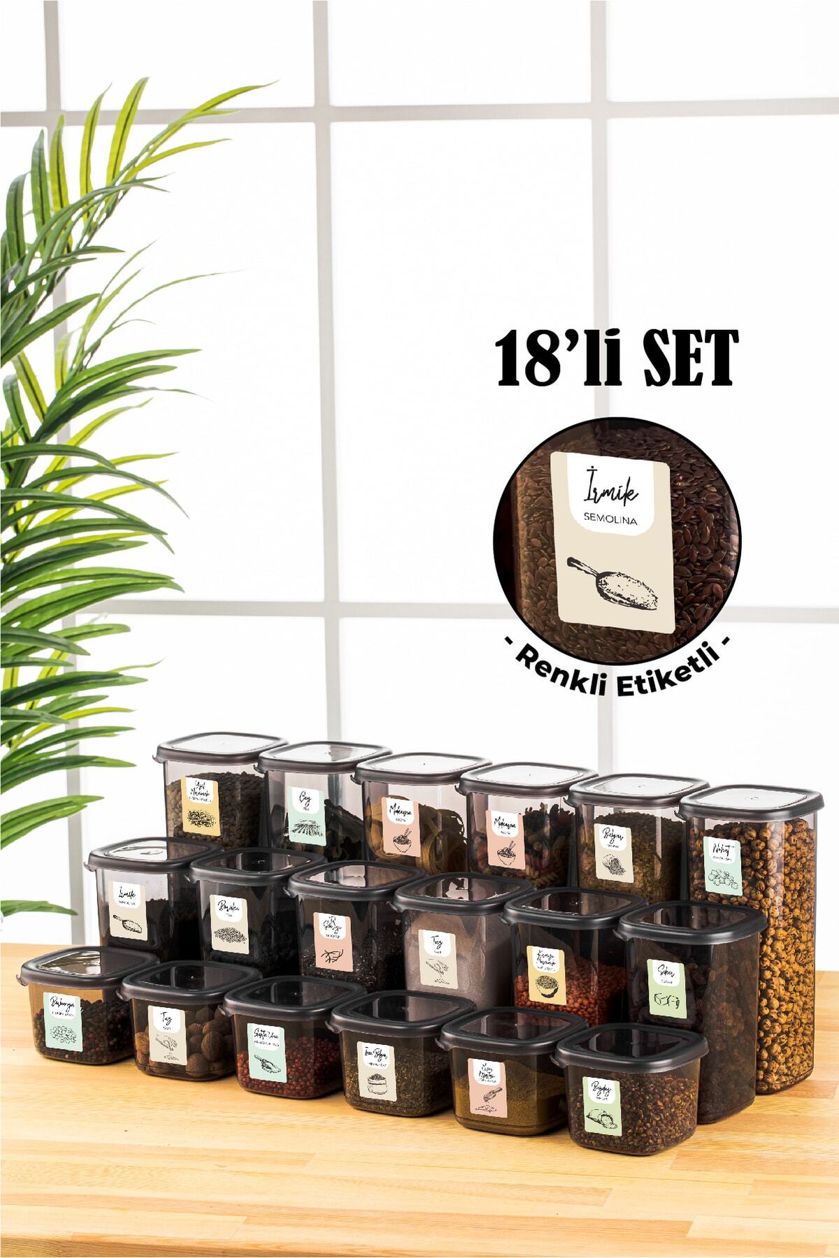 Renkli Etiketli 18li Peggy Kare Erzak Saklama Kabı 6x(0,55 Litre, 1,2 Litre, 1,75 Litre) Antrasit