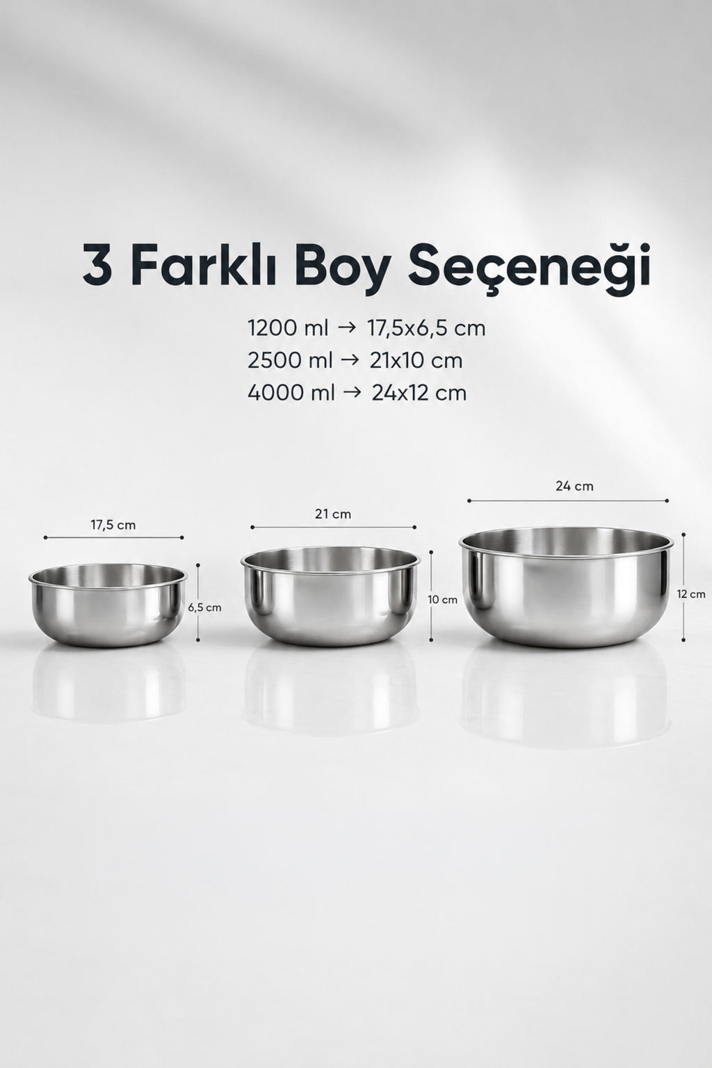 3'lü Paslanmaz Çelik Karıştırma Kabı Seti - 1200-2500-4000 ml Metal Kase Takımı