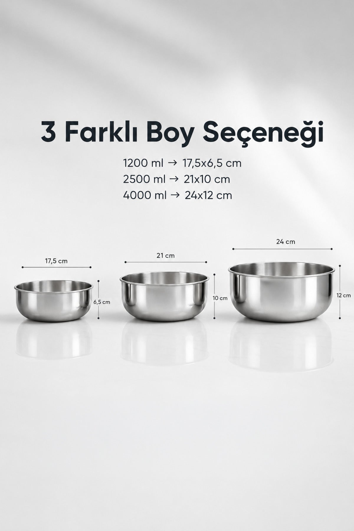 3'lü Paslanmaz Çelik Karıştırma Kabı Seti - 1200-2500-4000 ml Metal Kase Takımı