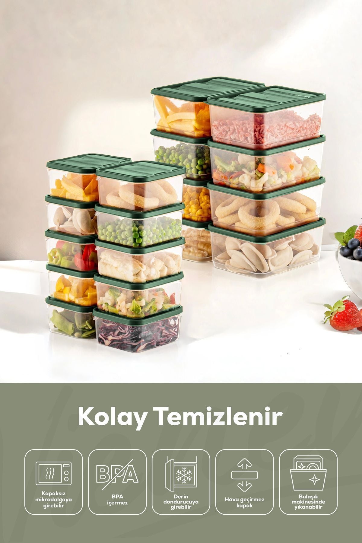 18'li Buzdolabı Düzenleyici Organizer Mikrodalgaya Uygun Difriz Saklama Kabı Yeşil