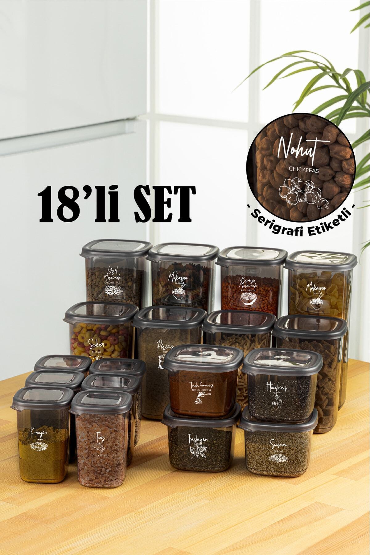 Beyaz Serigrafi Etiketli 18li Peggy Kare Erzak Ve Baharat Full Set 4x(1,75, 1,2, 0,55) 6x(0,45) Ant
