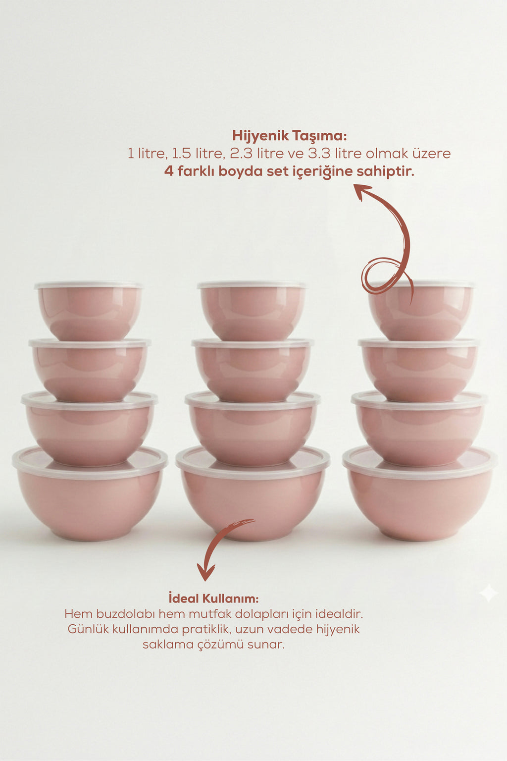 12'li Yuvarlak Kase Seti Pembe | 1l, 1.5l, 2.3l, 3.3l | Kapaklı Çok Amaçlı Mutfak Saklama Kabı