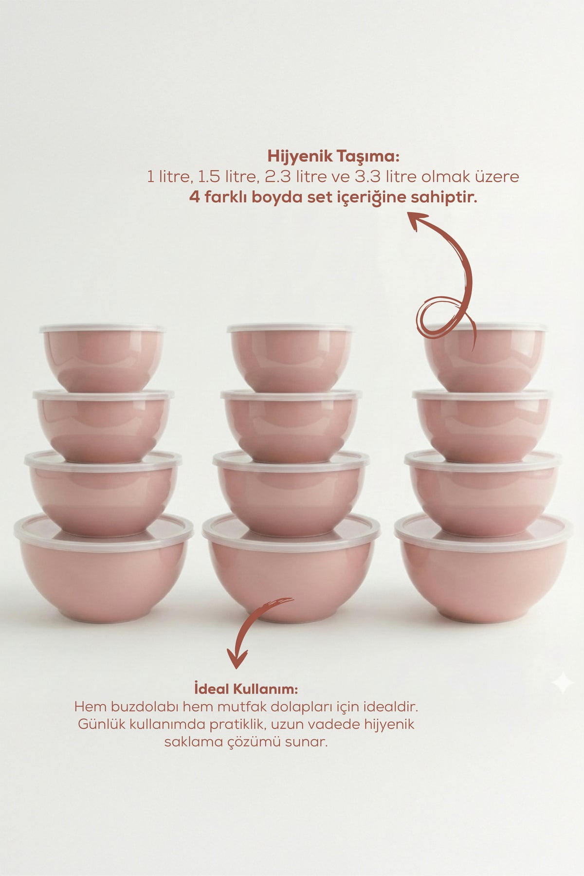 12'li Yuvarlak Kase Seti Pembe | 1l, 1.5l, 2.3l, 3.3l | Kapaklı Çok Amaçlı Mutfak Saklama Kabı