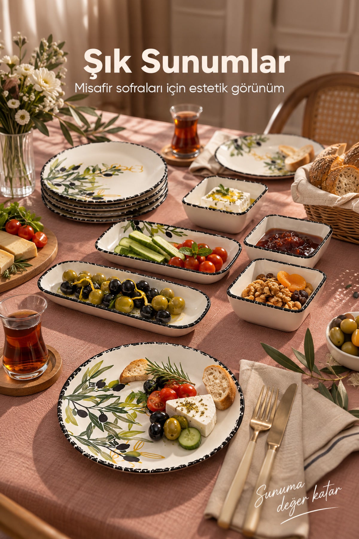 14 Parça 6 Kişilik Zeytin Model Seramik Kahvaltı Takımı 6 Pasta Tabağı 4 Kare Kase 2 Dikdörtgen Kase 2 Oval Zeytinlik