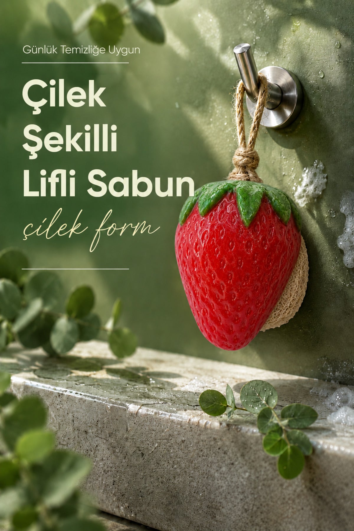Çilek Şekilli Kabak Lifli Sabun 8,5x7x4,8 cm Peeling Etkili Asılabilir Dekoratif Banyo El Sabunu