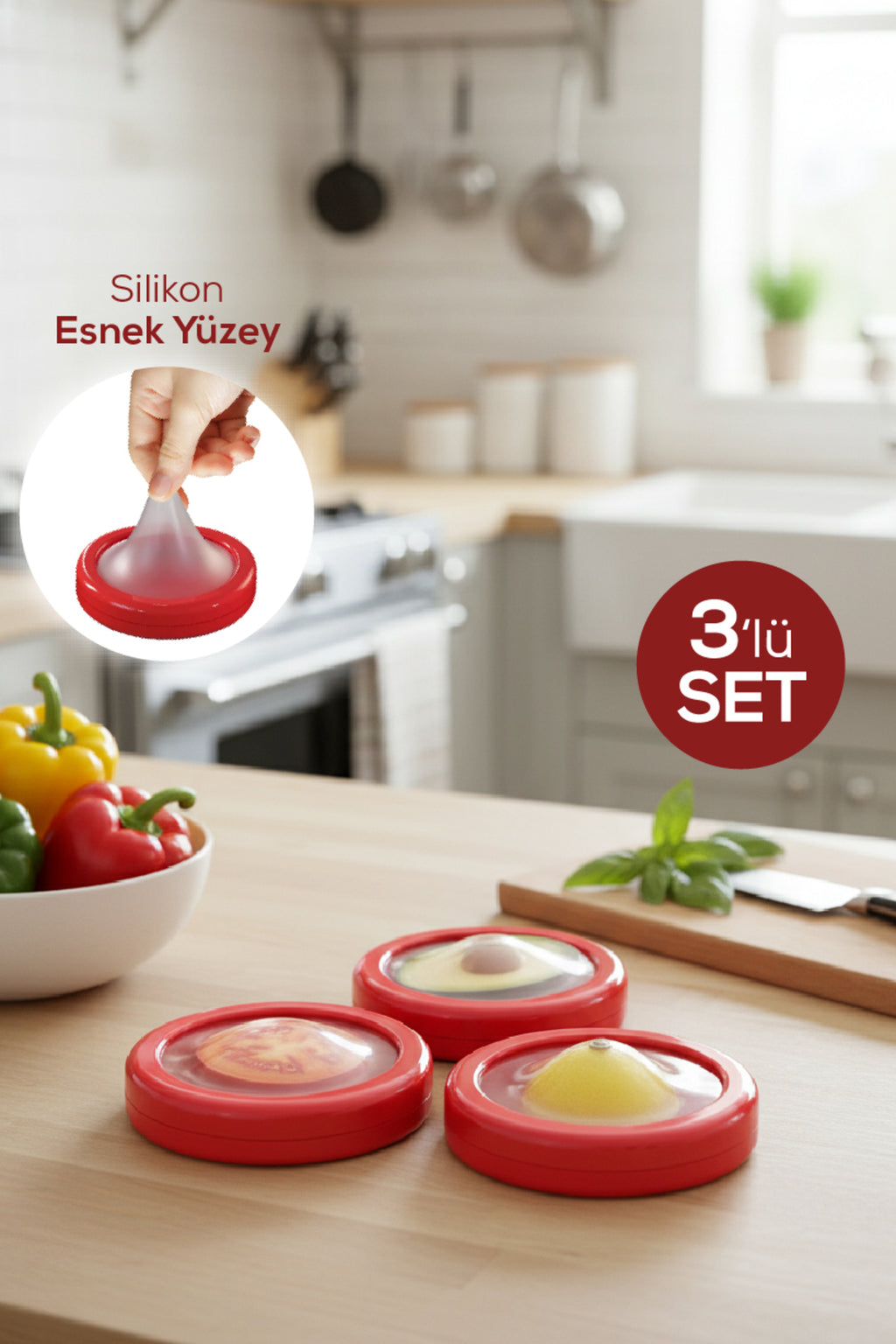 3'lü Buzdolabı Için Yarım Meyve Ve Sebze Koruma Kabı - Limon, Soğan, Domates Saklama Kutusu Kırmızı