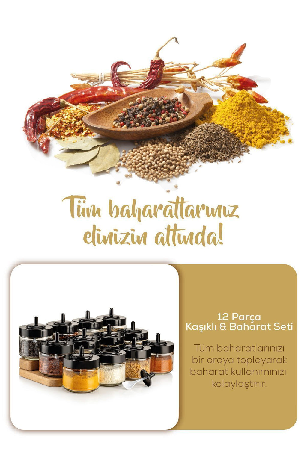 Siyah Serigrafi Etiketli 12 Adet Kapağı Kendinden Kaşıklı Baharatlık Seti Kısa