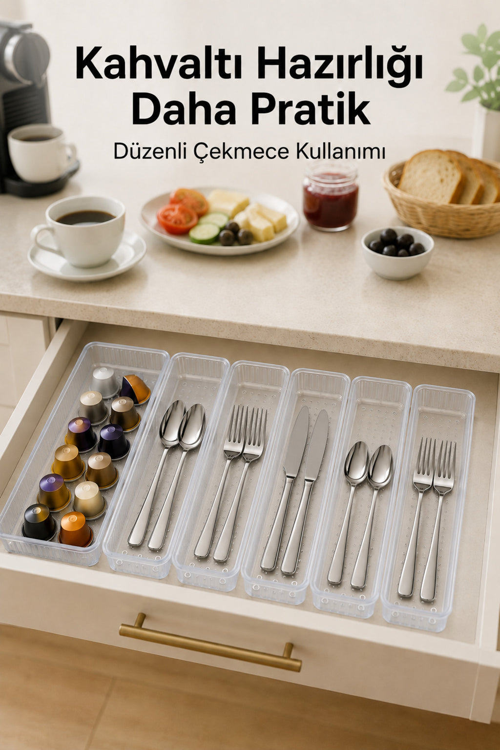 6'lı Modüler Şeffaf Kaşıklık Seti Çekmece İçi Mutfak Çatal Kaşık Bıçak Düzenleyici Organizer (1E5F)